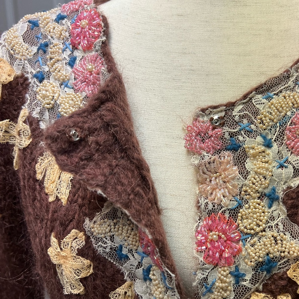 Vintage Free People Antique Lace Seed Pearl Beaded Brown Wool Cropped Cardigan - Picture 2 of 14